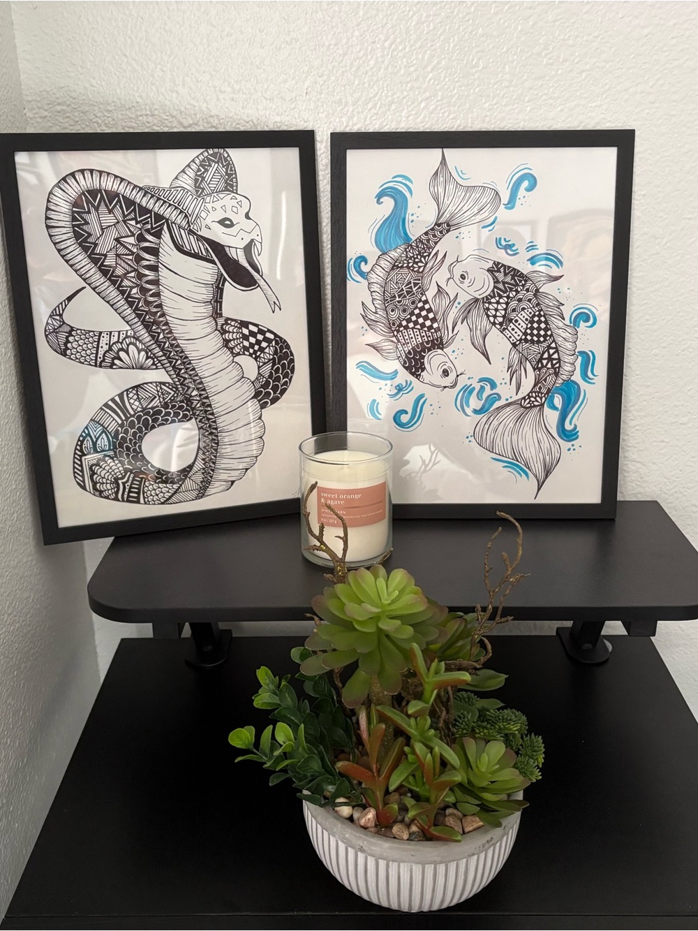 Framed Koi and Cobra Black & Blue Wall Art Pair - Framed